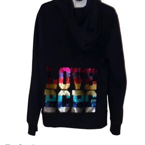 BCBG Maxazria  rhinestone logo black hoodie sweater Sz L